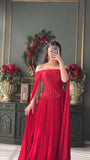 Classy A Line Off The Shoulder Red With Long Sleeves Chiffon Prom Dresses Party Dress Long Evening Dresses HZ0311