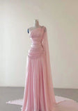 Classy Sheath One Shoulder Pink Long Chiffon Evening Gown Prom Dresses Formal Gowns HZ0311