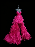 Elegant High Low Sweetheart Hot Pink Organza Floor Length Inspiration Long Prom Dress HZ0311