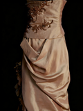 Chic Mermaid Asymmetrical Spaghetti Strap Brown Satin With Beads Senior Prom dresses High School Long Formal Dress HZ0311