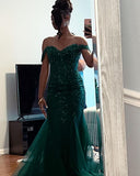 Glitter Mermaid Off The Shoulder Dark Green Tulle Long Formal Fancy Prom Evening Dress Dinner Outfits Party Gowns For Teens HZ0311