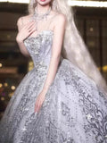 Glittery Ball Gown Spaghetti Straps Silver Gray Sequins Prom Dresses Inspiration Long Night Outfits 18th Birthday Outfits HZ0311