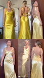 Yellow Mermaid Yellow Satin V-neck Backless Long Evening Prom Dresses Wedding Guest Dress HZ0311