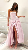 Classy Strapless Pink Split Prom Dresses A-line Party Formal Dress Formal Gowns HZ0311