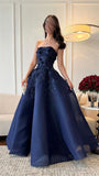 Elegant Navy Blue Strapless Appliques A Line Prom Dress Evening Dress Vestidos De Dia HZ0311