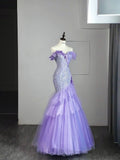 Chic Mermaid Off The Shoulder Lilac Tulle Long Formal Fancy Prom Evening Dress Dinner Outfits Party Gowns For Teens Girls HZ0311