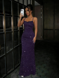 Glitter Mermaid Spaghetti Straps Grape Sequins Long Formal Fancy Prom Evening Dress Dinner Outfits Party Gowns For Teens HZ0311