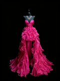 Elegant High Low Sweetheart Hot Pink Organza Floor Length Inspiration Long Prom Dress HZ0311