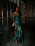 Glitter Mermaid Spaghetti Straps Dark Green Split Long Formal Fancy Prom Evening Dress Dinner Outfits Party Gowns For Teens HZ0311