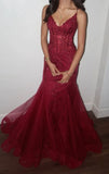 Modest Mermaid Spaghetti Straps Burgundy Lace Tulle Prom Dresses Inspiration Prom Dress Princess Graduation Dress HZ0311