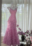 Unique Mermaid Spaghetti Straps Rose Pink Chiffon Layers Teens Long Evening Dresses Prom Dress HZ0311