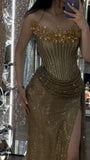 Sexy Mermaid Strapless Gold Sequin With Split Beaded Prom Dresses Long Evening Formal Gown Wedding Party Gowns HZ0311
