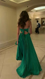 Graceful Spaghetti Strap Green Satin Open Back Prom Evening Dresses Party Gowns HZ0311