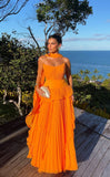 Elegant A line Prom Dresses With Scarf Chiffon Pleated Ruffle Strapless Orange Formal Evening Dress Party Gowns HZ0311