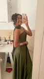 Chic A line Strapless Olive Green Satin Basque Waist Sleeveless Evening Formal Prom Dresses HZ0311