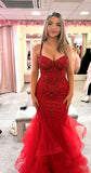 Elegant Mermaid Spaghetti Straps Red Sequin With Beadings Long Formal Prom Evening Dress Dinner Outfits Party Gowns HZ0311