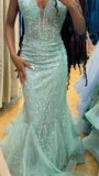 Elegant Mermaid Spaghetti Strap Mint Green Sequined Evening Women Party Dresses Long Formal Prom Dress 18th Birthday Gown HZ0311