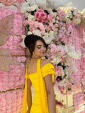 Gorgeous Yellow Sheath Off The Shoulder Yellow Satin High Slit Prom Dresses With Scarf HZ0311