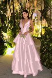 Straps Deep V Neck Sleeveless A Line Long Prom Dress With Pleated Birthday Outfits HZ0311