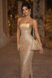 Pretty Mermaid Strapless Long Yellow Sequin Satin Party Dresses Prom Dresses Graduation Gown HZ0311