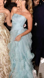 Charming A Line Strapless Light Sky Blue Tiered Long Prom Dresses Evening Outfits Formal Dress HZ0311