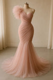 Sexy Mermaid One Shoulder Blush Pink Tulle Evening For Women Party Dresses Long Formal Prom Dresses 21st Birthday Gowns HZ0311