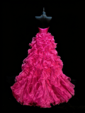 Elegant High Low Sweetheart Hot Pink Organza Floor Length Inspiration Long Prom Dress HZ0311