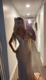 Sexy Mermaid V Neck Gold Satin Slit Prom Dress With Beads HZ0311