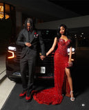 Sexy Special Occasion Dress Mermaid Sweetheart Red Prom Dresses With Split Beads Party Dress Long Evening Dresses HZ0311