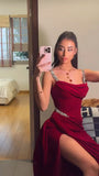 Sexy Mermaid Straps Red Satin With Slit Beads Evening For Women Party Dresses Long Formal Prom Dresses 21st Birthday Gowns HZ0311