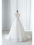 Simple Ball Gown One Shoulder Tulle Lace White Fit And Flare Long Floor Length Pleats Wedding Dress HZ0311