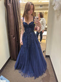 Glitter A Line Spaghetti Straps Navy Blue Tulle Inspo Formal Party Gowns Long Prom Dresses HZ0311