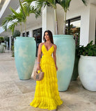 Sexy Yellow Prom Dress Aesthetic Classy A line Spaghetti Strap Sleeveless Chiffon Prom Gowns HZ0311