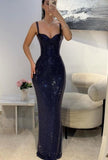 Princess Mermaid Spaghetti Strap Sequin Navy Blue Long Prom Dresses Party Dress 18th Birthday Outfits Graduation Gown HZ0311
