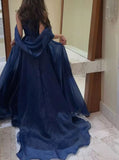 Modest Navy Blue Organza A-line Evening Prom Dresses Long Formal Party Gowns HZ0311