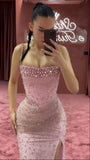 Two Pieces Pink Beaded Bodycon Party Dress Long Prom Dresses HZ0311