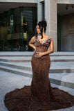 Elegant Sparkle Brown Mermaid Court Train V-neck Sleeveless Prom Dresses For Women HZ0311