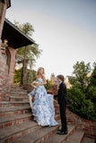 Modest Ball Gown Sweetheart Light Sky Blue Chiffon Floral Slit Prom Dresses Long Party Dress Evening Dresses HZ0311