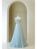 Cute Ball Gown Spaghetti Straps Light Sky Blue Tulle Long Prom Dresses Impress 19th Birthday Outfits Prom Gown HZ0311