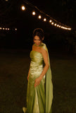 Simple A Line Strapless Satin Light Green With Scarf Long Prom Dresses Impress Wedding Guest Dress Party Gown HZ0311
