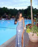 Modest Night Aesthetic Mermaid Spaghetti Straps Silver Slit College Formal Outfit Long Prom Graduation Dresses For Teens HZ0311