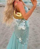 Elegant Mermaid Spaghetti Straps Blue Sequins Long Prom Dresses For Teens Evening Outfits Graduation Formal Dress HZ0311
