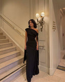 Women's Cocktail Party Gowns Mermaid One Shoulder With Pleated Ruched Black Long Graduation Dinner Outfits Prom Dresses HZ0311