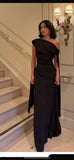 Charming Sheath One Shoulder Black Satin Long Prom Dresses Evening Outfits Formal Dress HZ0311