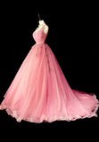 Modest Ball Gown V Neck Pink Tulle Long Prom Dresses Inspiration Party Gowns Princess Formal Dress HZ0311