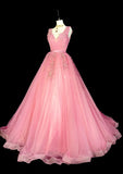 Modest Ball Gown V Neck Pink Tulle Long Prom Dresses Inspiration Party Gowns Princess Formal Dress HZ0311