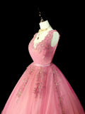 Modest Ball Gown V Neck Pink Tulle Long Prom Dresses Inspiration Party Gowns Princess Formal Dress HZ0311