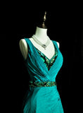 Modest A line V Neck Green With Beaded Bodice College Formal Outfit Long Prom Graduation Dresses For Teens HZ0311