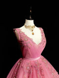 Modest Ball Gown V Neck Pink Tulle Long Prom Dresses Inspiration Party Gowns Princess Formal Dress HZ0311