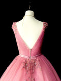 Modest Ball Gown V Neck Pink Tulle Long Prom Dresses Inspiration Party Gowns Princess Formal Dress HZ0311